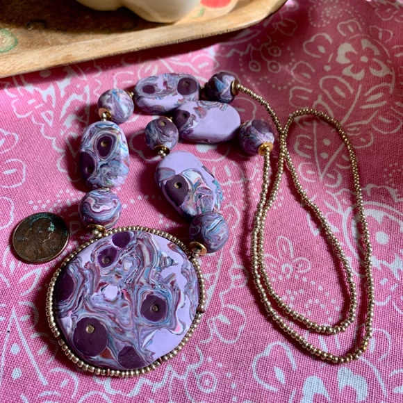 Handmade Polymer Clay Necklace Purple Swirl OOAK - Picture 2 of 15